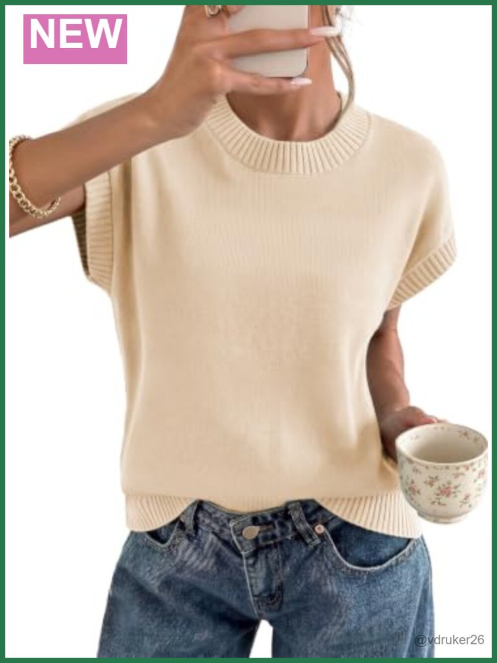 Women's Striped Short Sleeve Knit Sweater Top Crew Neck Cap Sleeve